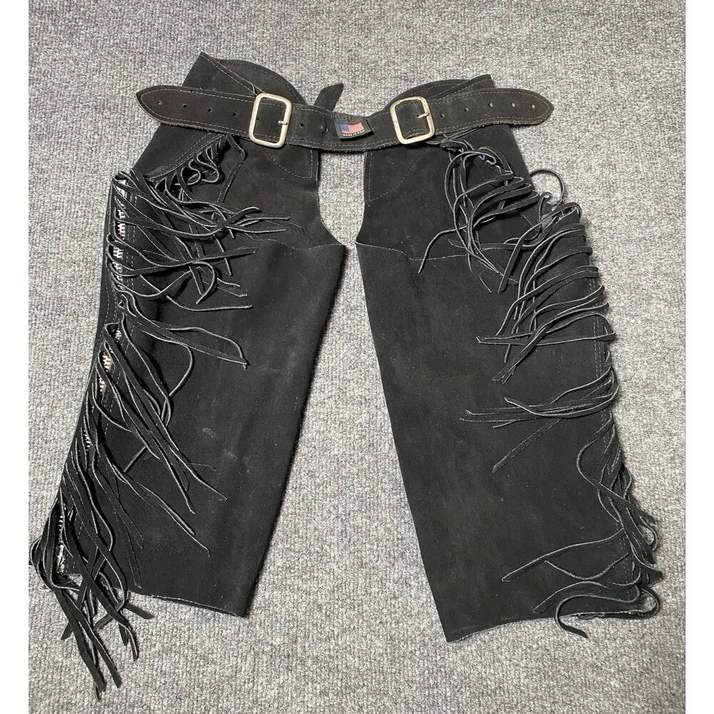 Whitman Black Leather Suede Western Chaps w/ Fringe and Double Belt-Kids